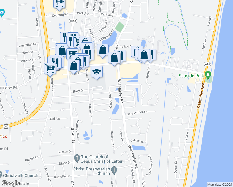 map of restaurants, bars, coffee shops, grocery stores, and more near 1902 Inverness Road in Fernandina Beach