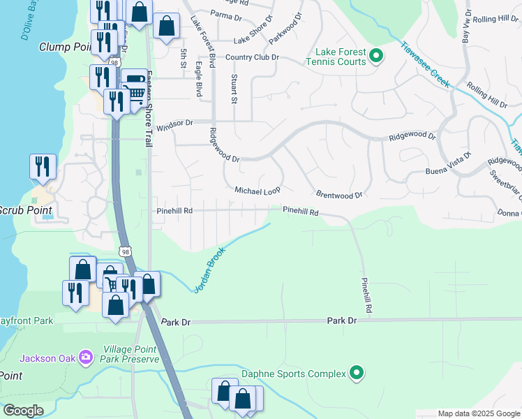 map of restaurants, bars, coffee shops, grocery stores, and more near Pinehill Road in Daphne