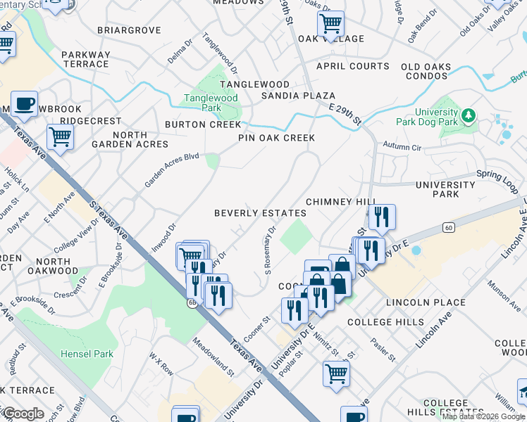 map of restaurants, bars, coffee shops, grocery stores, and more near 2307 Loop Street in Bryan