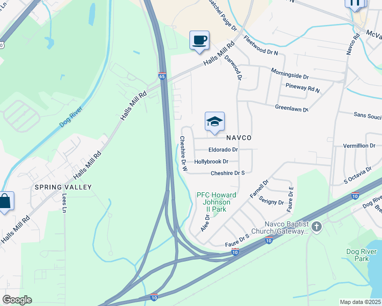 map of restaurants, bars, coffee shops, grocery stores, and more near 1652 Fernbrook Drive in Mobile