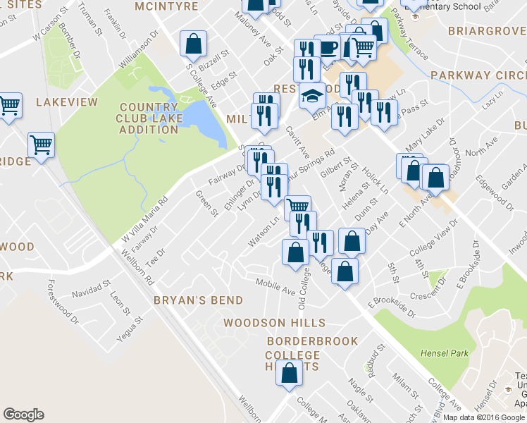 map of restaurants, bars, coffee shops, grocery stores, and more near 3408 South College Avenue in Bryan