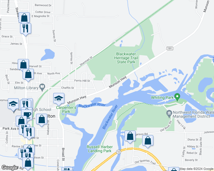 map of restaurants, bars, coffee shops, grocery stores, and more near 5431 Munson Highway in Milton