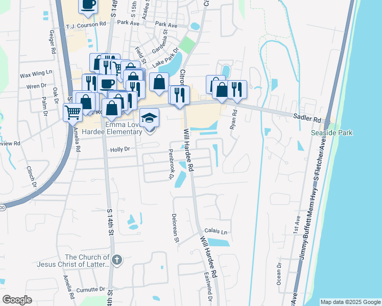 map of restaurants, bars, coffee shops, grocery stores, and more near 2103 Canterbury Lane in Fernandina Beach