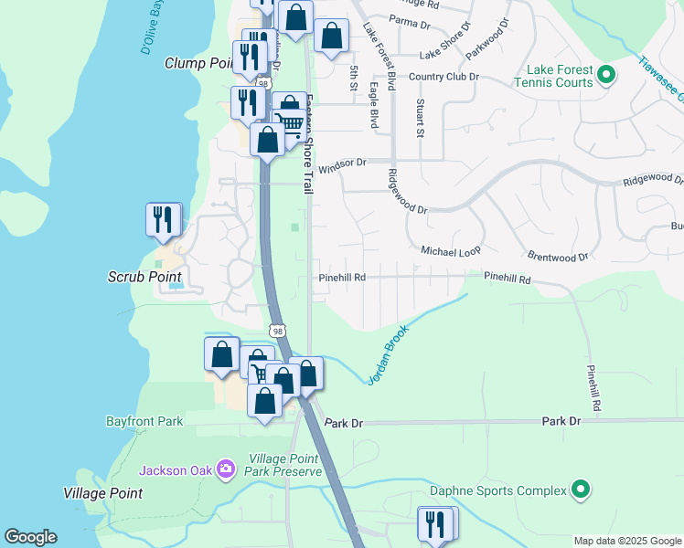 map of restaurants, bars, coffee shops, grocery stores, and more near 28189 2nd Avenue in Daphne
