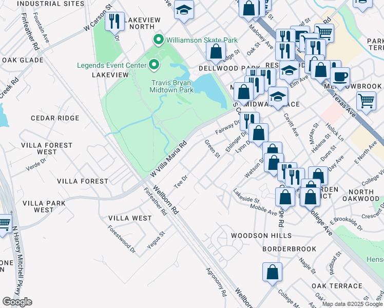 map of restaurants, bars, coffee shops, grocery stores, and more near 310 Tee Drive in Bryan