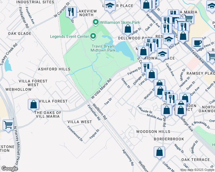 map of restaurants, bars, coffee shops, grocery stores, and more near 3209 Link Street in Bryan