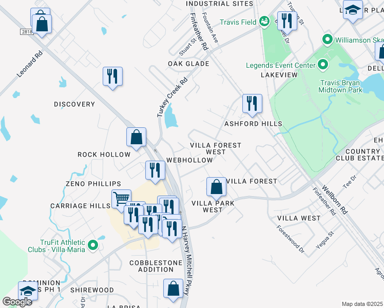 map of restaurants, bars, coffee shops, grocery stores, and more near 1208 Webhollow Circle in Bryan