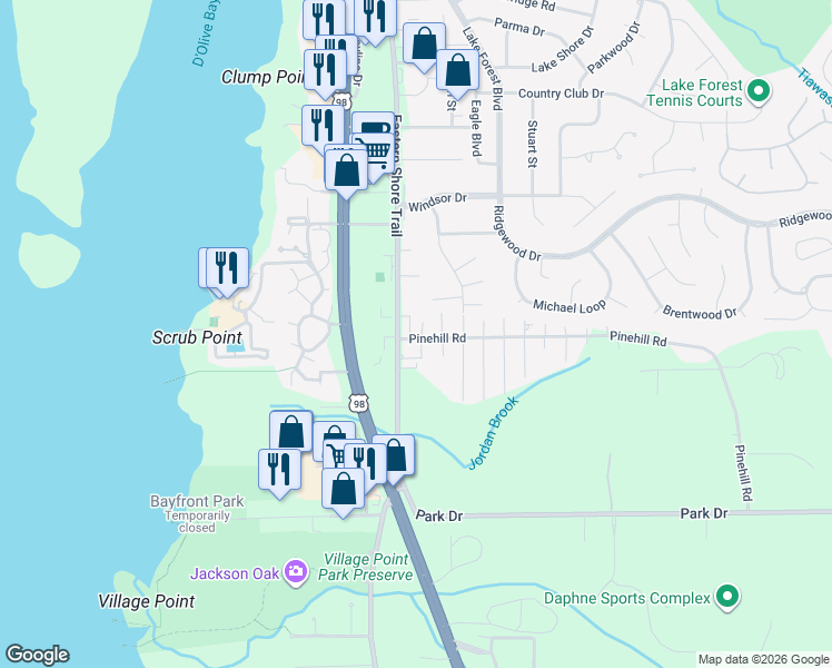 map of restaurants, bars, coffee shops, grocery stores, and more near 28190 North Main Street in Daphne