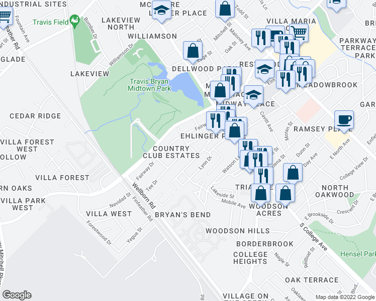 map of restaurants, bars, coffee shops, grocery stores, and more near 301 Tee Drive in Bryan
