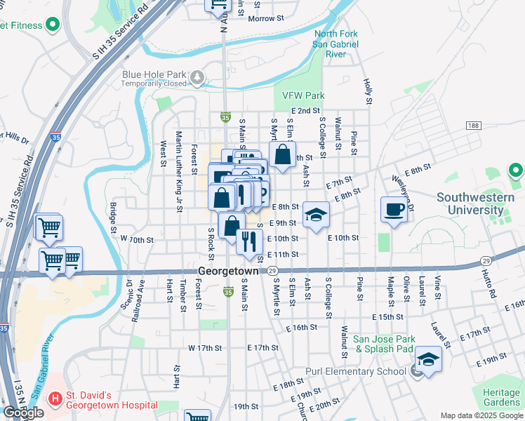 map of restaurants, bars, coffee shops, grocery stores, and more near 207 East 9th Street in Georgetown