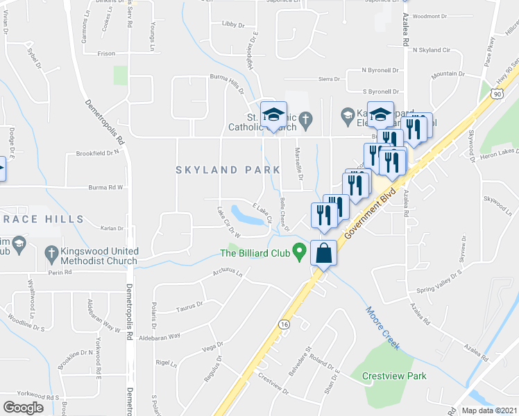 map of restaurants, bars, coffee shops, grocery stores, and more near 1275 East Lake Circle in Mobile