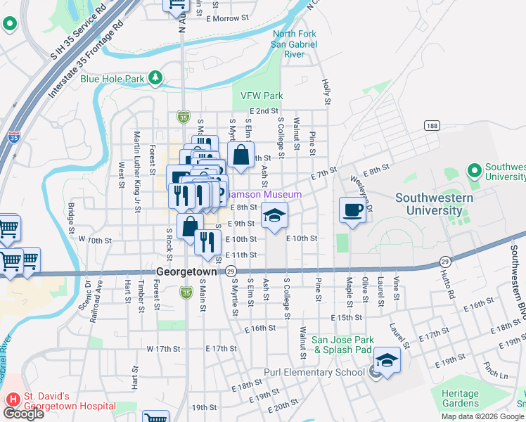 map of restaurants, bars, coffee shops, grocery stores, and more near 811 South Elm Street in Georgetown