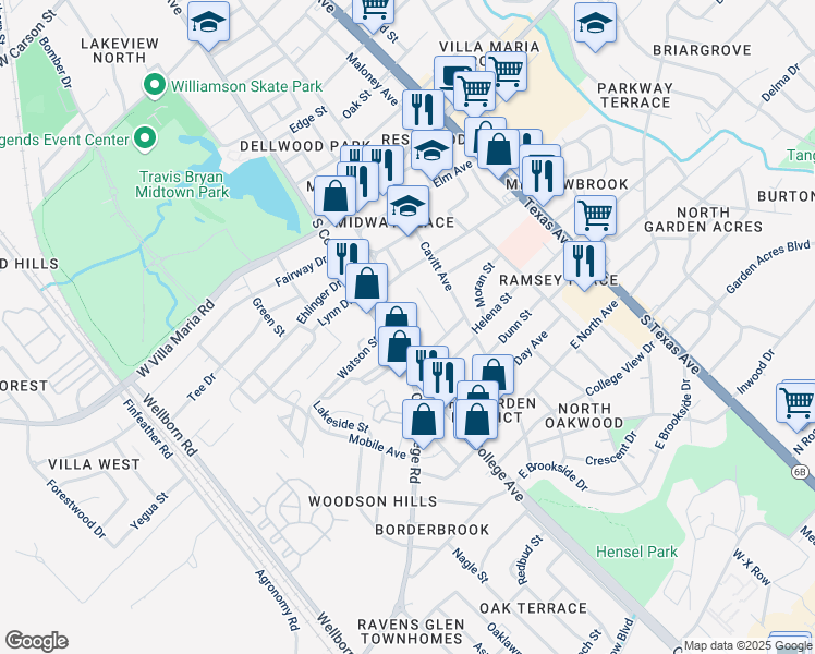 map of restaurants, bars, coffee shops, grocery stores, and more near 3503 South College Avenue in Bryan