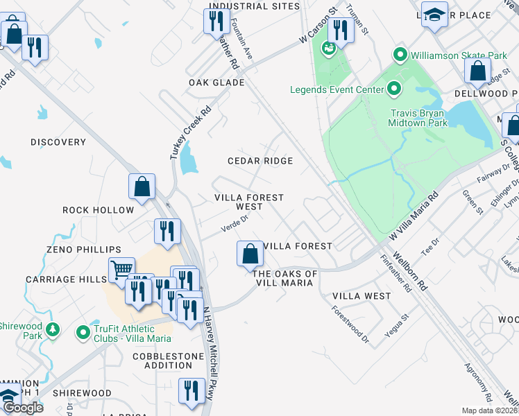 map of restaurants, bars, coffee shops, grocery stores, and more near 2908 Forest Bend Drive in Bryan