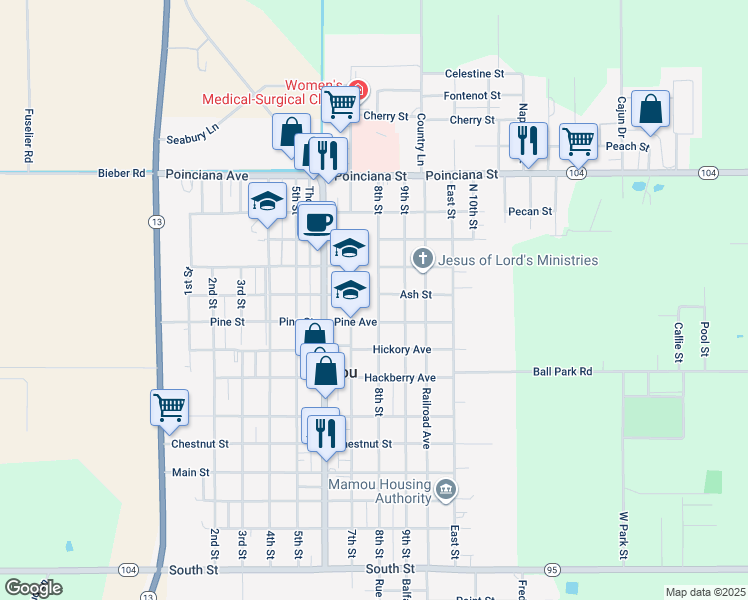 map of restaurants, bars, coffee shops, grocery stores, and more near 1008 7th Street in Mamou