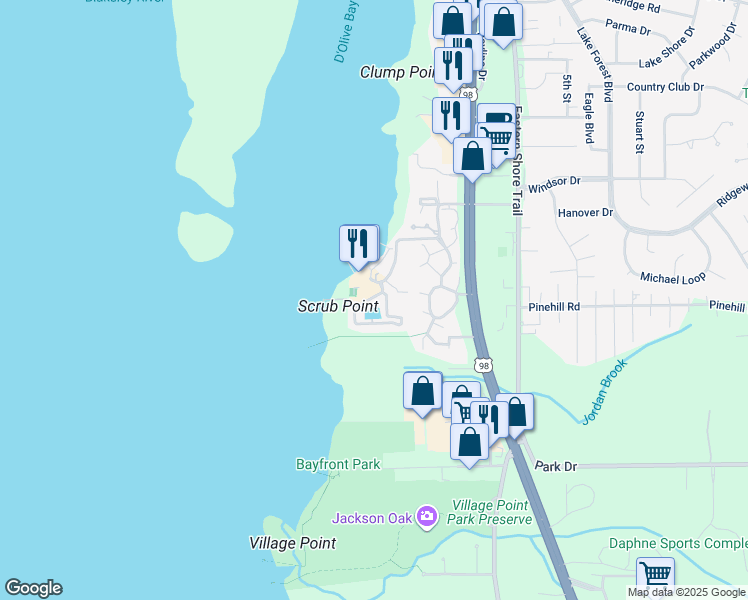 map of restaurants, bars, coffee shops, grocery stores, and more near 4 Yacht Club Drive in Daphne