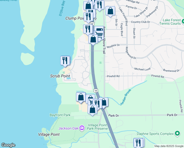 map of restaurants, bars, coffee shops, grocery stores, and more near 2200 East Bay Drive in Daphne
