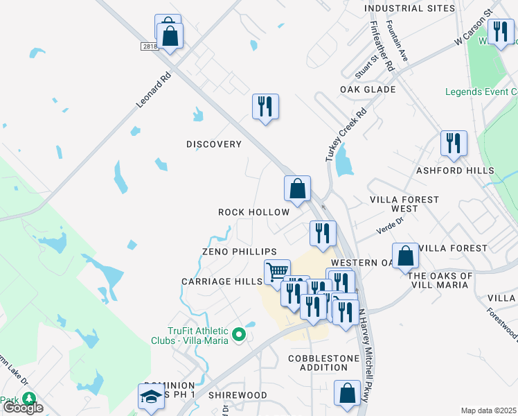 map of restaurants, bars, coffee shops, grocery stores, and more near 1625 Rock Hollow Loop in Bryan