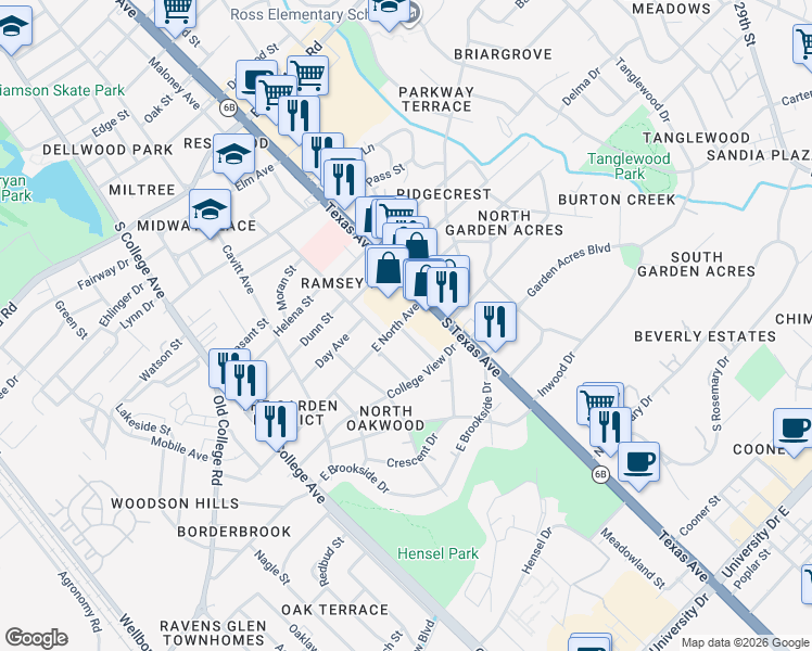 map of restaurants, bars, coffee shops, grocery stores, and more near 601 East North Avenue in Bryan