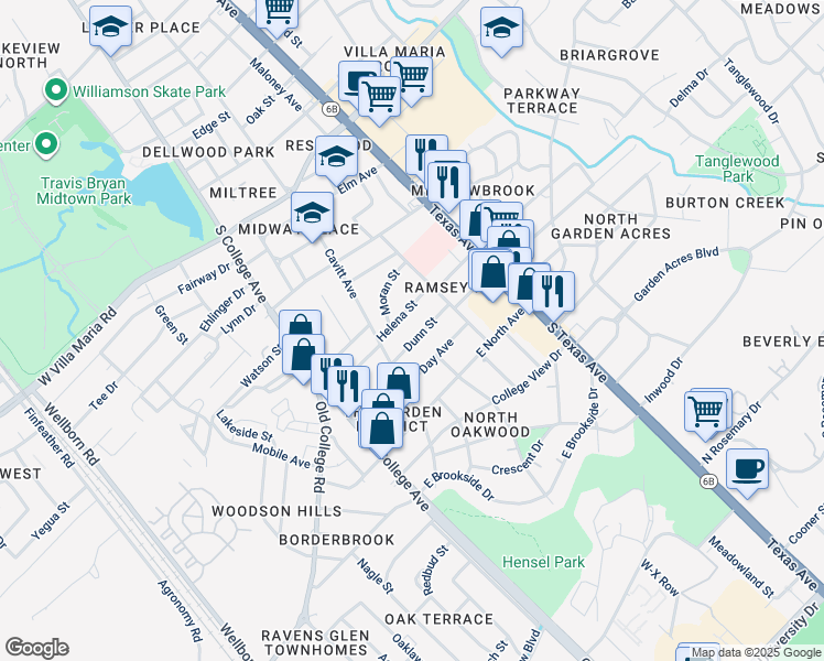 map of restaurants, bars, coffee shops, grocery stores, and more near 307 Dunn Street in Bryan