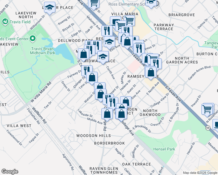 map of restaurants, bars, coffee shops, grocery stores, and more near 109 Pleasant Street in Bryan
