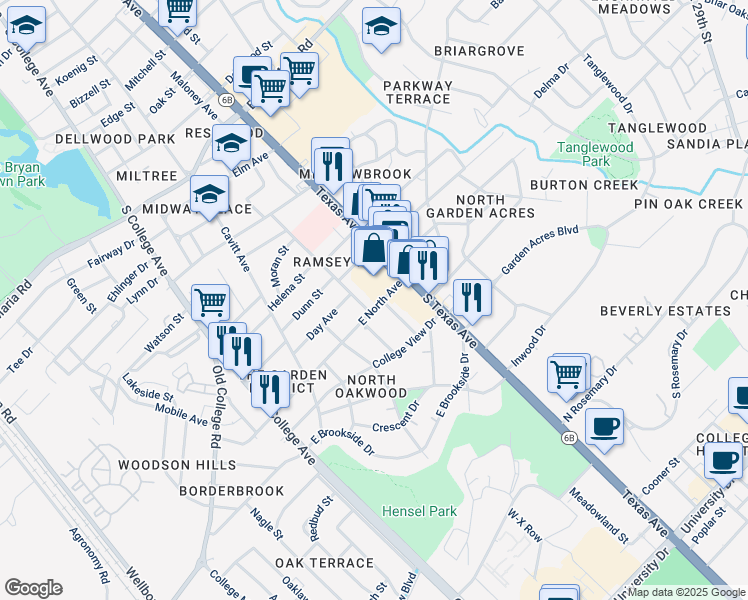 map of restaurants, bars, coffee shops, grocery stores, and more near 410 East North Avenue in Bryan