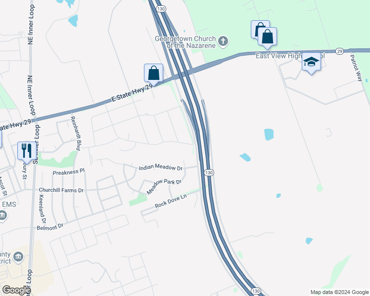 map of restaurants, bars, coffee shops, grocery stores, and more near 1015 Glen Meadow Cove in Georgetown