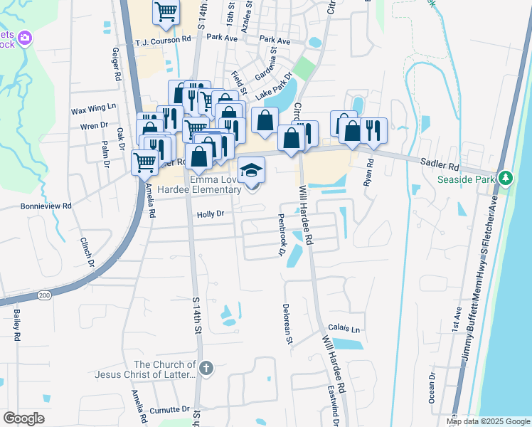 map of restaurants, bars, coffee shops, grocery stores, and more near 1561 Inverness Road in Fernandina Beach