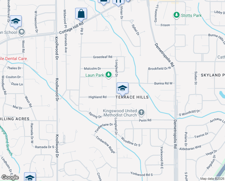 map of restaurants, bars, coffee shops, grocery stores, and more near 5400 Highland Road in Mobile