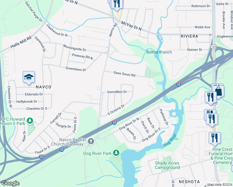 map of restaurants, bars, coffee shops, grocery stores, and more near 2371 Vermillion Drive in Mobile
