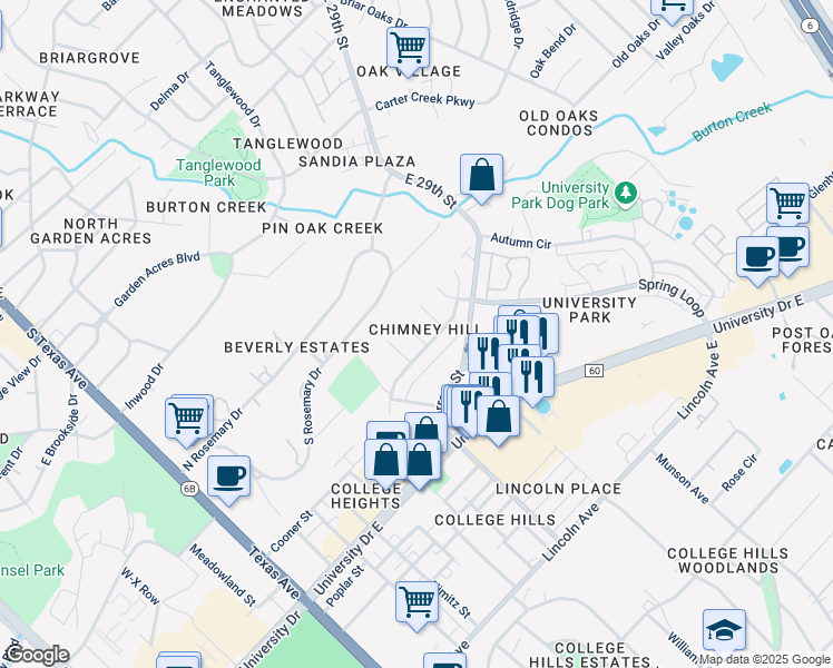 map of restaurants, bars, coffee shops, grocery stores, and more near Ember Glow Circle in College Station