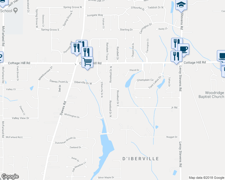 map of restaurants, bars, coffee shops, grocery stores, and more near 2615 Rosebud Drive North in Mobile