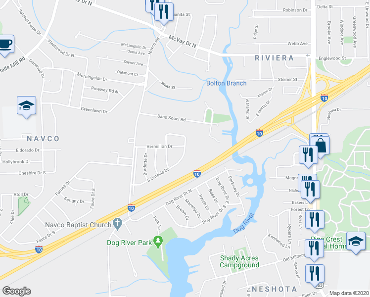 map of restaurants, bars, coffee shops, grocery stores, and more near 1604 East Octavia Drive in Mobile