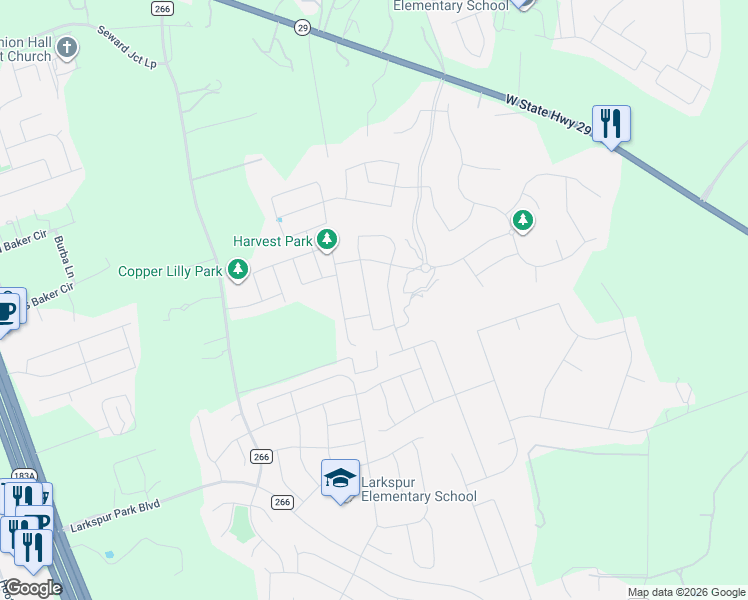 map of restaurants, bars, coffee shops, grocery stores, and more near 141 Wild Sage Lane in Liberty Hill