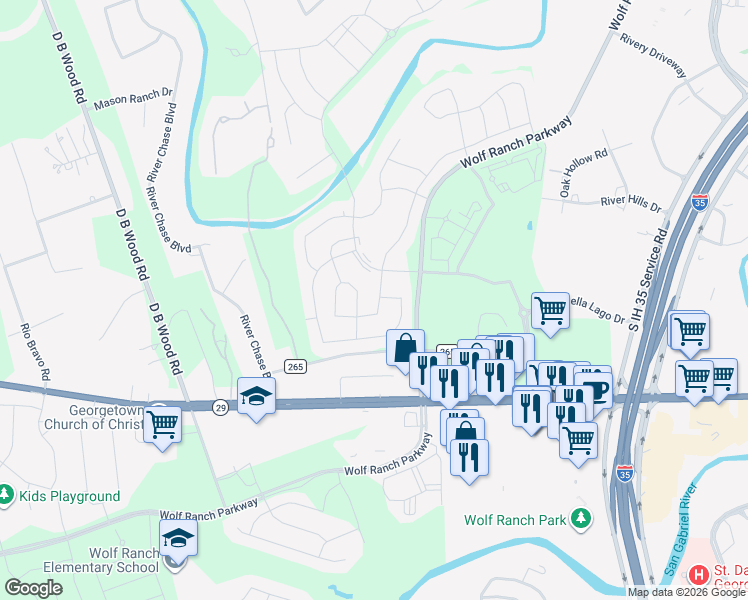 map of restaurants, bars, coffee shops, grocery stores, and more near 4229 Mercer Road in Georgetown