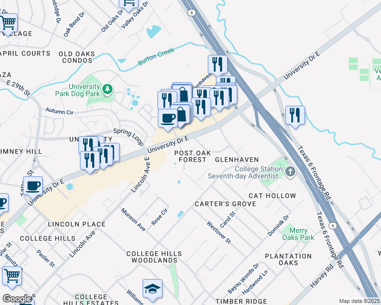 map of restaurants, bars, coffee shops, grocery stores, and more near 103 Forest Drive in College Station