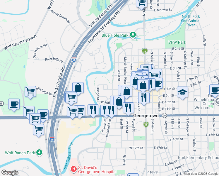 map of restaurants, bars, coffee shops, grocery stores, and more near 804 Scenic Drive in Georgetown