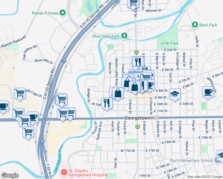 map of restaurants, bars, coffee shops, grocery stores, and more near 515 West 8th Street in Georgetown