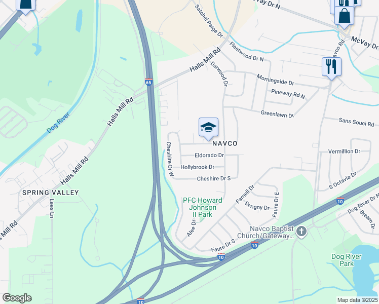 map of restaurants, bars, coffee shops, grocery stores, and more near 2698-2748 Greenbrier Dr S in Mobile