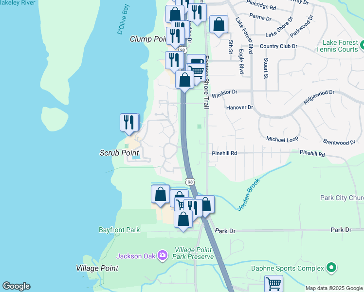 map of restaurants, bars, coffee shops, grocery stores, and more near 2054 Sea Cliff Drive North in Daphne