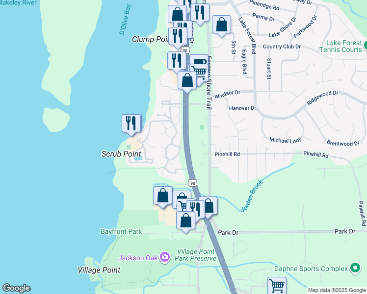 map of restaurants, bars, coffee shops, grocery stores, and more near 2054 Sea Cliff Drive North in Daphne