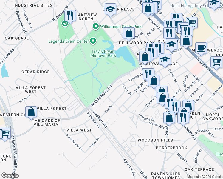 map of restaurants, bars, coffee shops, grocery stores, and more near 308 Fairway Drive in Bryan
