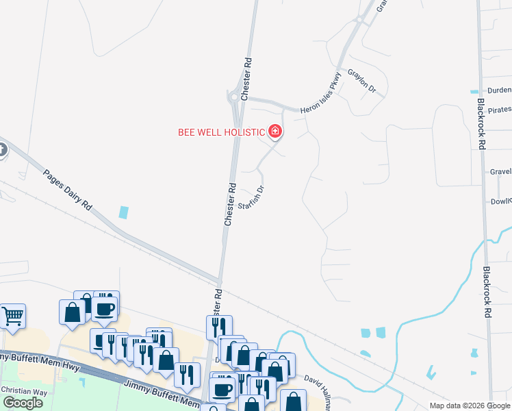 map of restaurants, bars, coffee shops, grocery stores, and more near 96404 Starfish Drive in Yulee