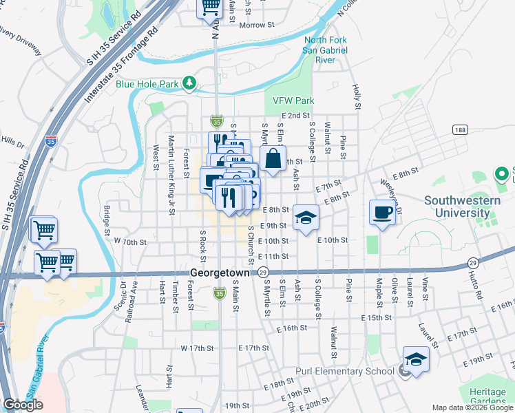 map of restaurants, bars, coffee shops, grocery stores, and more near 205 East 7th Street in Georgetown