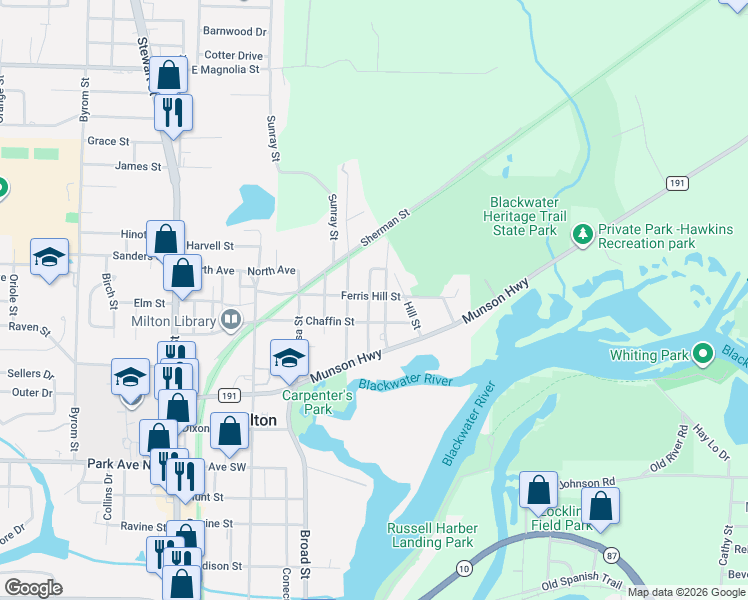 map of restaurants, bars, coffee shops, grocery stores, and more near 5588 Osceola Street in Milton
