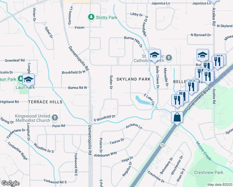 map of restaurants, bars, coffee shops, grocery stores, and more near 1235 Sudan Street in Mobile