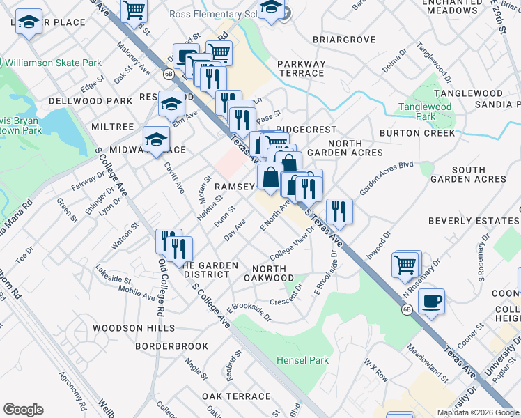 map of restaurants, bars, coffee shops, grocery stores, and more near 3700 Texas Avenue in Bryan
