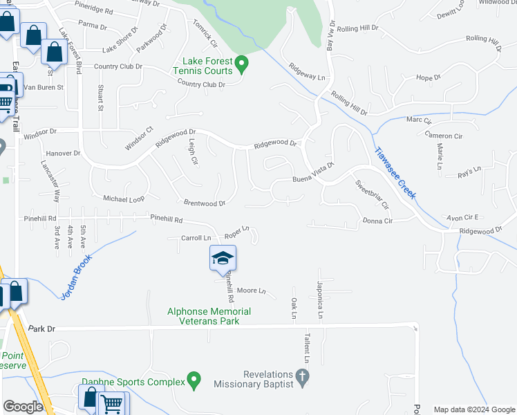 map of restaurants, bars, coffee shops, grocery stores, and more near 104 Willowbrook Circle in Daphne