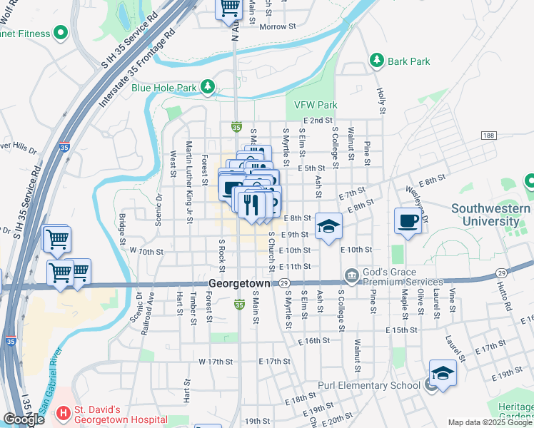 map of restaurants, bars, coffee shops, grocery stores, and more near 113 East 8th Street in Georgetown