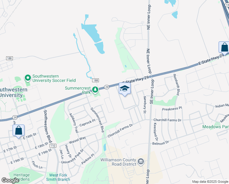map of restaurants, bars, coffee shops, grocery stores, and more near 2600 East University Avenue in Georgetown